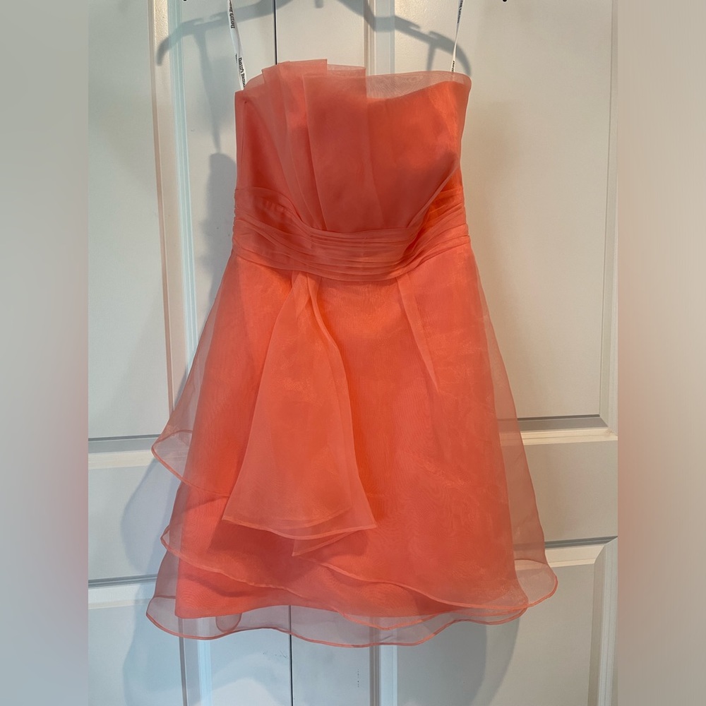 Short coral strapless organza dress, bridesmaid, homecoming, prom